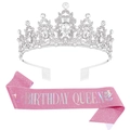 Corona in cristallo argento e fascia rosa glitterata con scritta Birthday Queen - Tiara d'argento con fascia rosa con scritte argentate / Rosa Iridescente