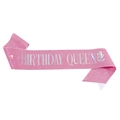 Pink glitter Birthday Queen sash with holographic lettering and rose pattern for parties - Pink With Holographic Text