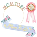 Blauwe Mom To Be sjerp met gouden hoofdband en roze speld voor een babyshower - Eén maat / Kleurrijke Hoofdband Roze Driedelig Set