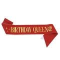 Sparkling red Birthday Queen sash with gold glitter lettering for party decoration - Red With Gold Text