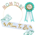 Baby shower set voor aanstaande moeders met gouden tiara, sjerp en badge - Eén maat / Kleurrijke Hoofdband Groen Driedelig Set