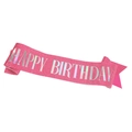 Pink glitter Happy Birthday sash with silver holographic lettering for party decor - One Size / Iridescent Pink