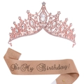 Set compleanno oro rosa con tiara di strass e fascia scintillante per feste - Taglia unica / Tiara Oro Rosa e Fascia Glitter Oro Rosa