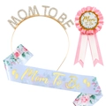 Baby Shower set met Mom To Be hoofdband, bloemenbadge en roze satijnen sjerp set - Eén maat / Gouden Hoofdband Roze Driedelig Set