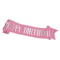 Pink glitter happy birthday sash with shiny silver lettering for party decoration - One Size / Iridescent Light Pink