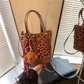 Leopard print bucket bag with brown leather base and cute bear charm decoration - Leopard Light Brown (With Pendant)