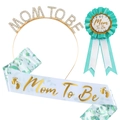 Baby Shower set met Mom To Be tiara, satijnen sjerp en muntgroene lintbadge voor moeders - Eén maat / Gouden Hoofdband Groen Driedelig Set