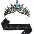 Set compleanno con corona di strass blu e fascia in raso nero It's My Birthday - Taglia unica / Tiara Pietra Blu e Fascia in Satin Nero