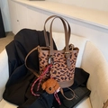 Large leopard print bucket bag with teddy charm and brown leather straps for women - Leopard Dark Brown (With Pendant)
