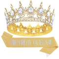 Goldenes Barock-Kronen-Set mit BIRTHDAY QUEEN Glitzerschärpe für Geburtstage - Einheitsgröße / Goldener Hintergrund Holografische Beschriftung