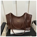 Bolso tote retro de gran capacidad en cuero marrón oscuro con correas dobles finas de mujer - café