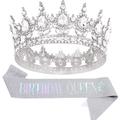 Silberne Birthday Queen Schärpe und funkelndes Strass-Tiara-Set für Geburtstagsfeiern - Einheitsgröße / Silber Irisierend
