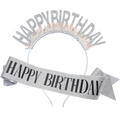 Set de diadema y banda de Happy Birthday plateado con borlas de arco iris - Diadema Y Banda / Conjunto Plateado Letras Negras