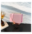 Dettaglio borsa a tracolla rosa con paillettes, catena dorata e superficie brillante - Rosa