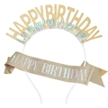 Golden glitter Happy Birthday headband with colorful tassels and laser gradient sash set - Holographic Pale Gold