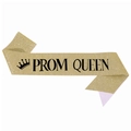 Sparkly gold glitter PROM QUEEN sash with bold black lettering and a crown icon - Glitter Fabric / Gold Black Letter Queen