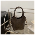 Dark brown minimalist leather bucket bag with top handles and adjustable strap - Style Without Charm / Brown
