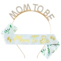 Cerchietto dorato Mom To Be e fascia floreale azzurra per decorazioni festa baby shower - Fascia Oro E Fascia Foglia Verde