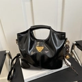 Chic black glossy leather tote bag with gold triangle plaque and bell charm - With Pendant / Black
