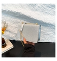Dettaglio pochette da sera con paillettes argento con catena dorata e fibbia in metallo - Argento
