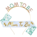Set couronne dorée Mom To Be avec strass et écharpe en satin aux motifs feuilles - Serre-Tête Multicolore Et Écharpe Florale Verte