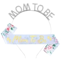 Coffret cadeau baby shower avec bandeau Mom To Be strass et écharpe en satin blanc - Serre-Tête Argent Et Écharpe Florale Rose