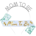 Serre-tête Mom To Be argenté et écharpe en satin à motif feuilles pour baby shower - Serre-Tête Argent Et Écharpe Florale Verte