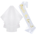 White Bride to Be sash with gold lettering and double-layer tulle veil set for weddings - Bride To Be Party 2 Piece Set Satin Fabric / White