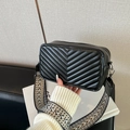 Black chevron quilted crossbody camera bag with wide geometric jacquard woven strap - Black