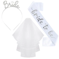White bridal 3-piece set with Bride tiara, Bride to Be sash, and triple-layer veil - 3-Piece Set (White Satin Silver Text)