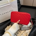 Red quilted small square bag with V-shaped texture and wide geometric fabric strap - Red