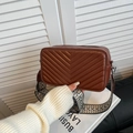 Brown quilted leather crossbody bag with adjustable geometric pattern wide strap - Coffee