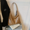 Brown large capacity tote bag in glossy patent leather finish for daily commuting - Brown