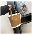 Detail of brown suede tote with white shearling trim and leather fashion patch - Brown No Pendant