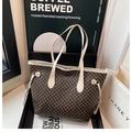 Bolso tote marrón y negro con estampados de lunares amarillos y asas blancas de moda - Blanco
