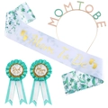 Baby shower decoration set with green botanical Mom To Be sash and floral tin pins - Multicolored Green