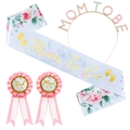 Pink floral Mom To Be baby shower set with golden headband, sash and flower badges - Multicolor Pink