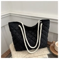 Bolso tote acolchado negro con asas de cuerda de algodón beige para estilo de otoño - Negro