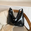 Minimalist black glossy hobo bag with large capacity and stylish pleated texture finish - Black Without Pendant