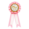 Pink and white Mom To Be baby shower ribbon rosette pin with gold glitter detail - Mom To Be Pink Print Badge
