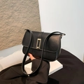 Minimalist black matte leather underarm bag with gold pearl buckle and shoulder strap - Black