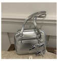 Metallic silver square shoulder bag with cute heart and bow pendant detail - Silver