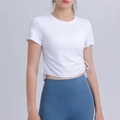 White quick-dry yoga short sleeve top with adjustable drawstring sides for women - S / Tops / White
