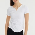 Slim fit white yoga t-shirt with v-neckline and side ruching details for women - S / White