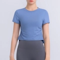 Kurzärmliges Yoga-Top in Dunstblau mit Kordelzug und schnelltrocknendem Funktionsstoff - S / Blau