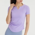 Slim fit lavender quick-dry yoga t-shirt for women with v-neck and breathable elastic fabric - S / Lilac Purple
