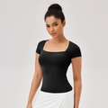 Women's black slim fit square neck sports t-shirt for running and yoga fitness - S / Black