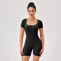 Women's black square neck short sleeve yoga bodysuit with slim fit athletic design - S / Black