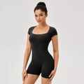 Tight-fitting black short sleeve square neck yoga bodysuit for fitness and training - S / Set / Black