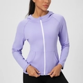 Giacca da yoga slim fit lilla da donna con cappuccio e cerniera bianca a contrasto - S / Viola Chiaro